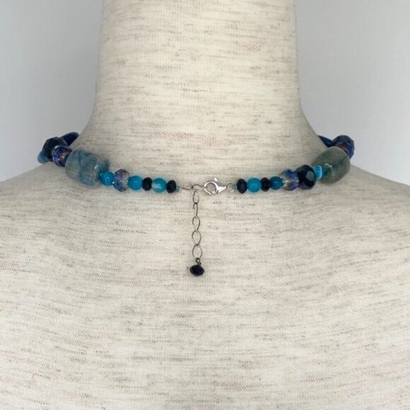 Sterling Silver 925 Blue Dyed Banded Agate & Chrysocolla Quartz Beaded Necklace - Picture 5 of 16